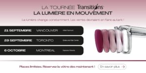Bannière promotionnelle de la tournée Transitions La Lumière en Mouvement affichant les dates des événements à Vancouver, Toronto et Montréal avec des verres photochromiques à teinte variable.