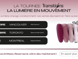 Bannière promotionnelle de la tournée Transitions La Lumière en Mouvement affichant les dates des événements à Vancouver, Toronto et Montréal avec des verres photochromiques à teinte variable.