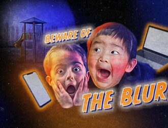 Movie poster style banner for the CAO children's vision campaign with text reading "Beware of The Blur," showing two shocked children surrounded by a smartphone, a laptop, and a playground under a dark night sky.