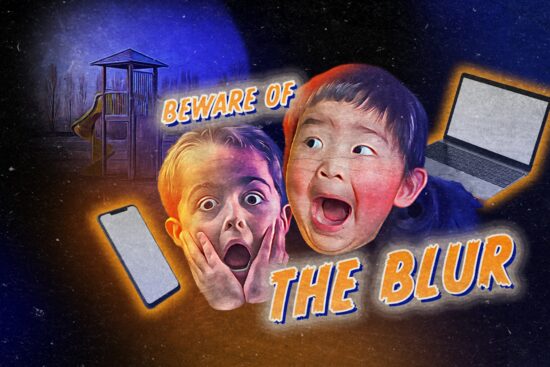 Movie poster style banner for the CAO children's vision campaign with text reading "Beware of The Blur," showing two shocked children surrounded by a smartphone, a laptop, and a playground under a dark night sky.