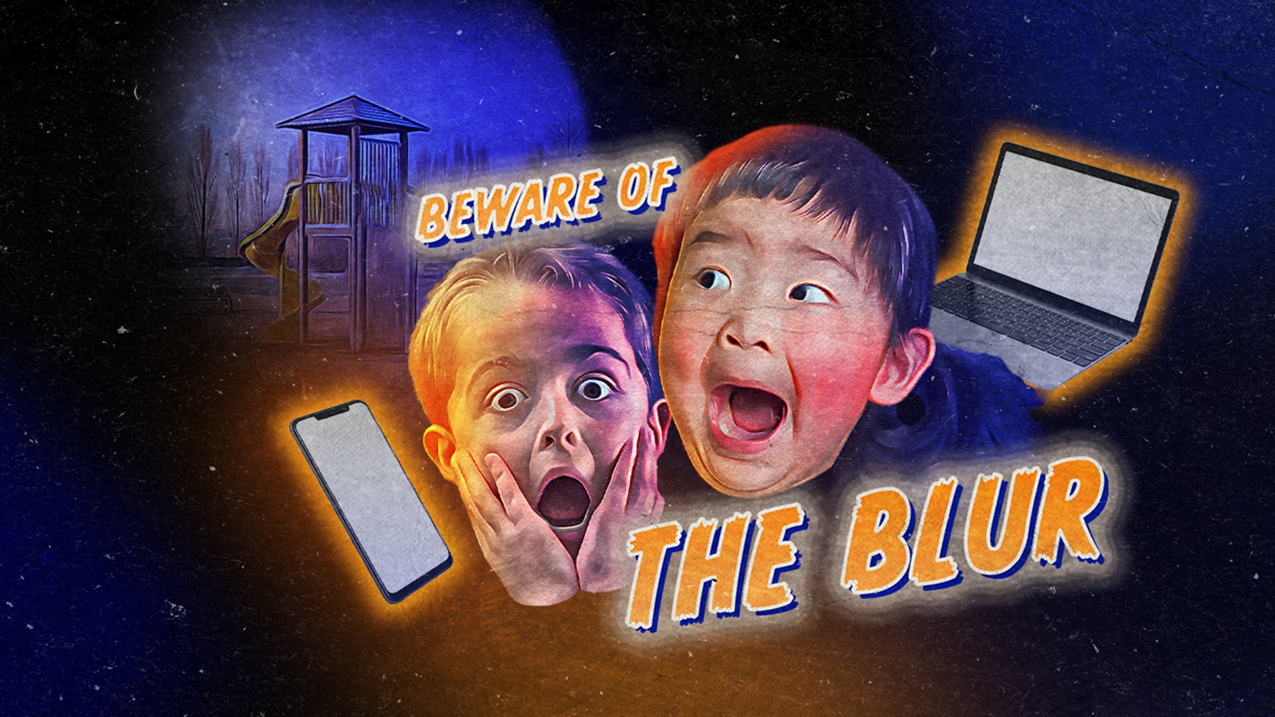 Movie poster style banner for the CAO children's vision campaign with text reading "Beware of The Blur," showing two shocked children surrounded by a smartphone, a laptop, and a playground under a dark night sky.