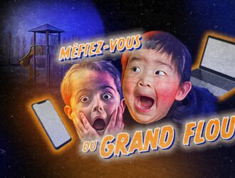 Bannière de style affiche de film pour la campagne de l'ACO sur la vue des enfants avec le texte « Méfiez-vous du Grand Flou », montrant deux enfants effrayés entourés d'un smartphone, d'un ordinateur portable et d'un terrain de jeu la nuit.