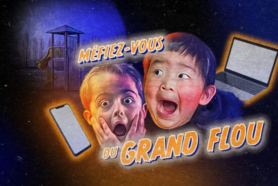 Bannière de style affiche de film pour la campagne de l'ACO sur la vue des enfants avec le texte « Méfiez-vous du Grand Flou », montrant deux enfants effrayés entourés d'un smartphone, d'un ordinateur portable et d'un terrain de jeu la nuit.