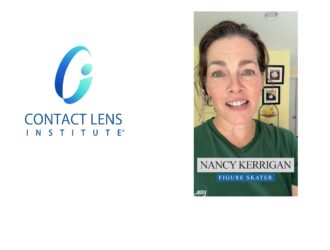 Logo du Contact Lens Institute aux côtés de Nancy Kerrigan, patineuse artistique olympique, dans une capture vidéo promouvant la campagne The EASY Way sur l'entretien des lentilles de contact