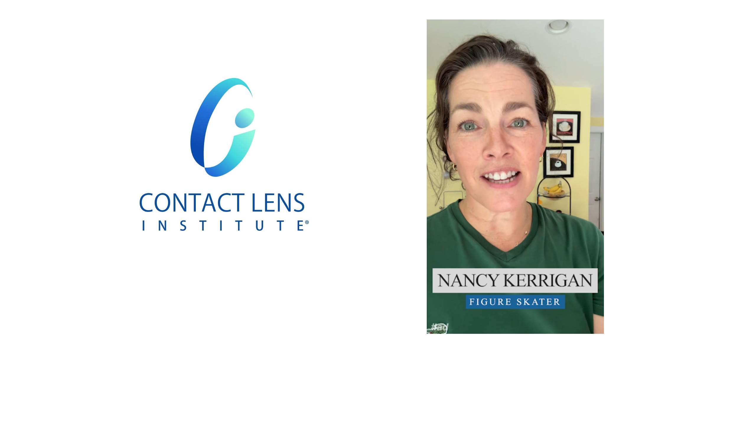 Logo du Contact Lens Institute aux côtés de Nancy Kerrigan, patineuse artistique olympique, dans une capture vidéo promouvant la campagne The EASY Way sur l'entretien des lentilles de contact
