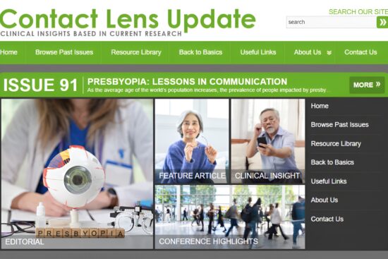 Contact Lens Update website homepage showing Issue 91 titled "Presbyopia: Lessons in Communication" with article previews including Editorial, Feature Article, Clinical Insight, and Conference Highlights.