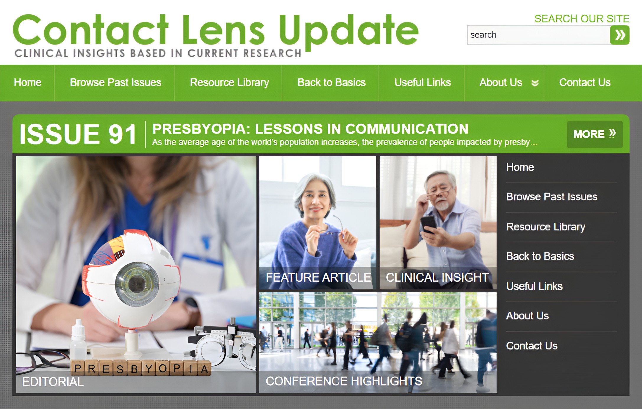 Contact Lens Update website homepage showing Issue 91 titled "Presbyopia: Lessons in Communication" with article previews including Editorial, Feature Article, Clinical Insight, and Conference Highlights.