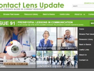 Page d'accueil du site Contact Lens Update présentant le numéro 91 intitulé « Presbyopia: Lessons in Communication » avec des aperçus d'articles, incluant l'éditorial, l'article principal, l'aperçu clinique et les faits saillants de la conférence.