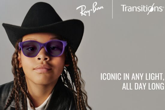 Child wearing purple Ray-Ban glasses with Transitions photochromic lenses and a cowboy hat with text reading Iconic in any light, all day long