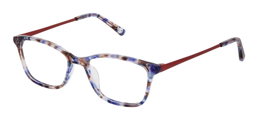 KLiiK denmark K-819 narrow-fit optical frames in Blueberry Brown with a sapphire blue patterned acetate front and sleek red-brown metal temples.