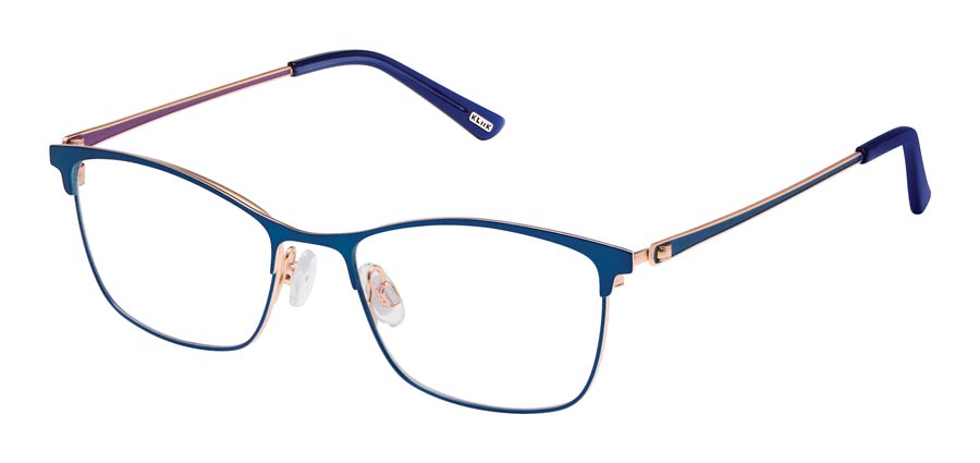 KLiiK denmark K-820 narrow-fit stainless steel eyeglasses in navy blue and rose gold with a modified square shape.