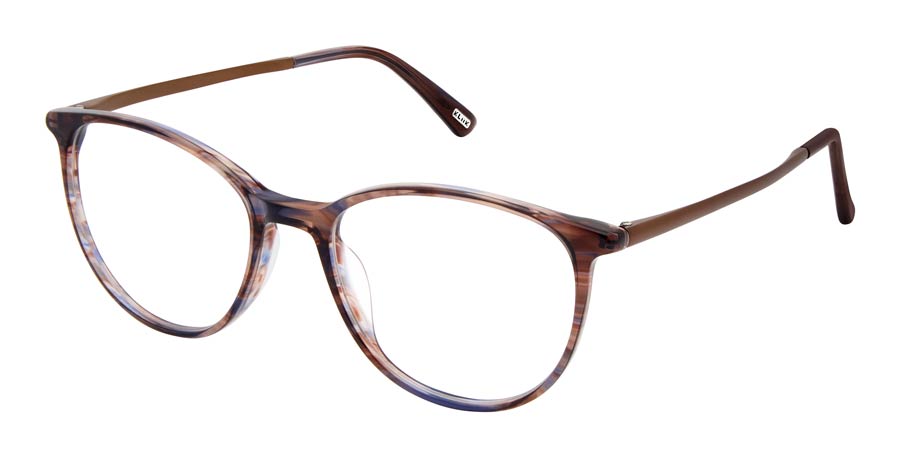 KLiiK denmark K-821 narrow-fit eyeglasses featuring a soft round patterned acetate front in mauve brown with tapered metallic temples.