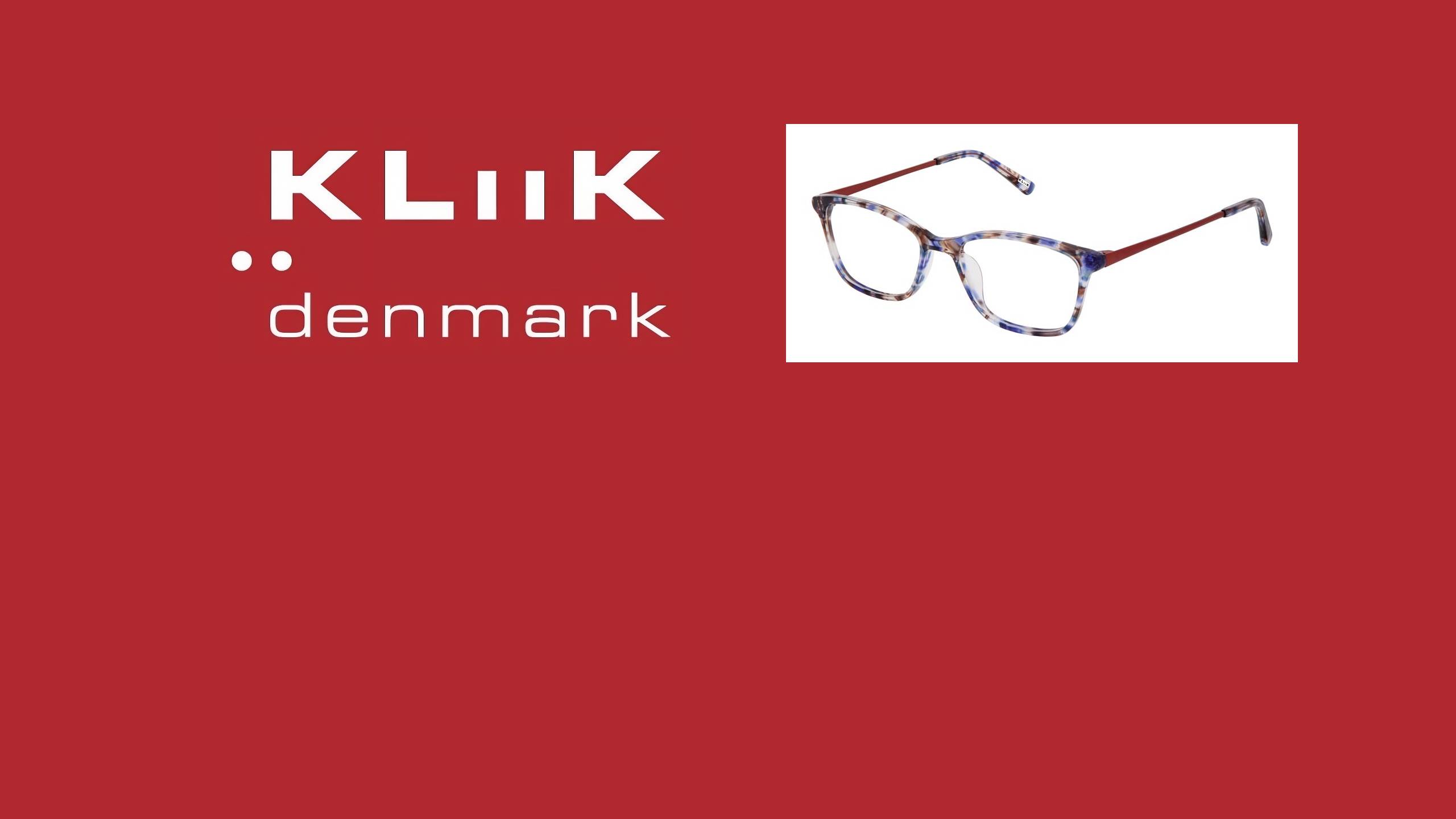 KLiiK denmark logo banner set against a red background featuring a pair of gemstone-inspired narrow-fit optical glasses.