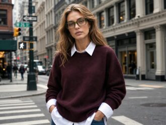 Model wearing Lowercase translucent olive green eyeglasses with a burgundy sweater on a city street