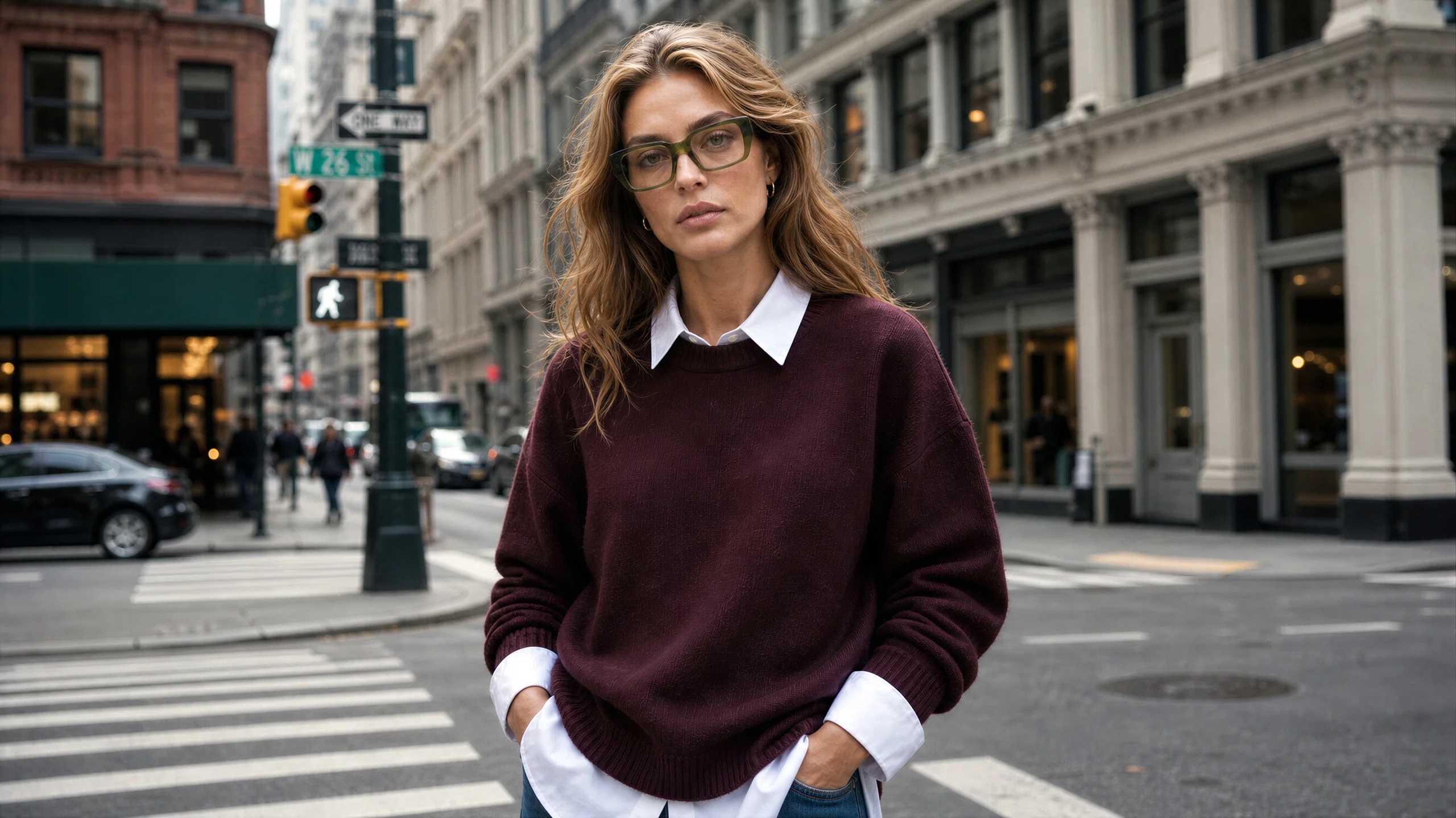 Model wearing Lowercase translucent olive green eyeglasses with a burgundy sweater on a city street