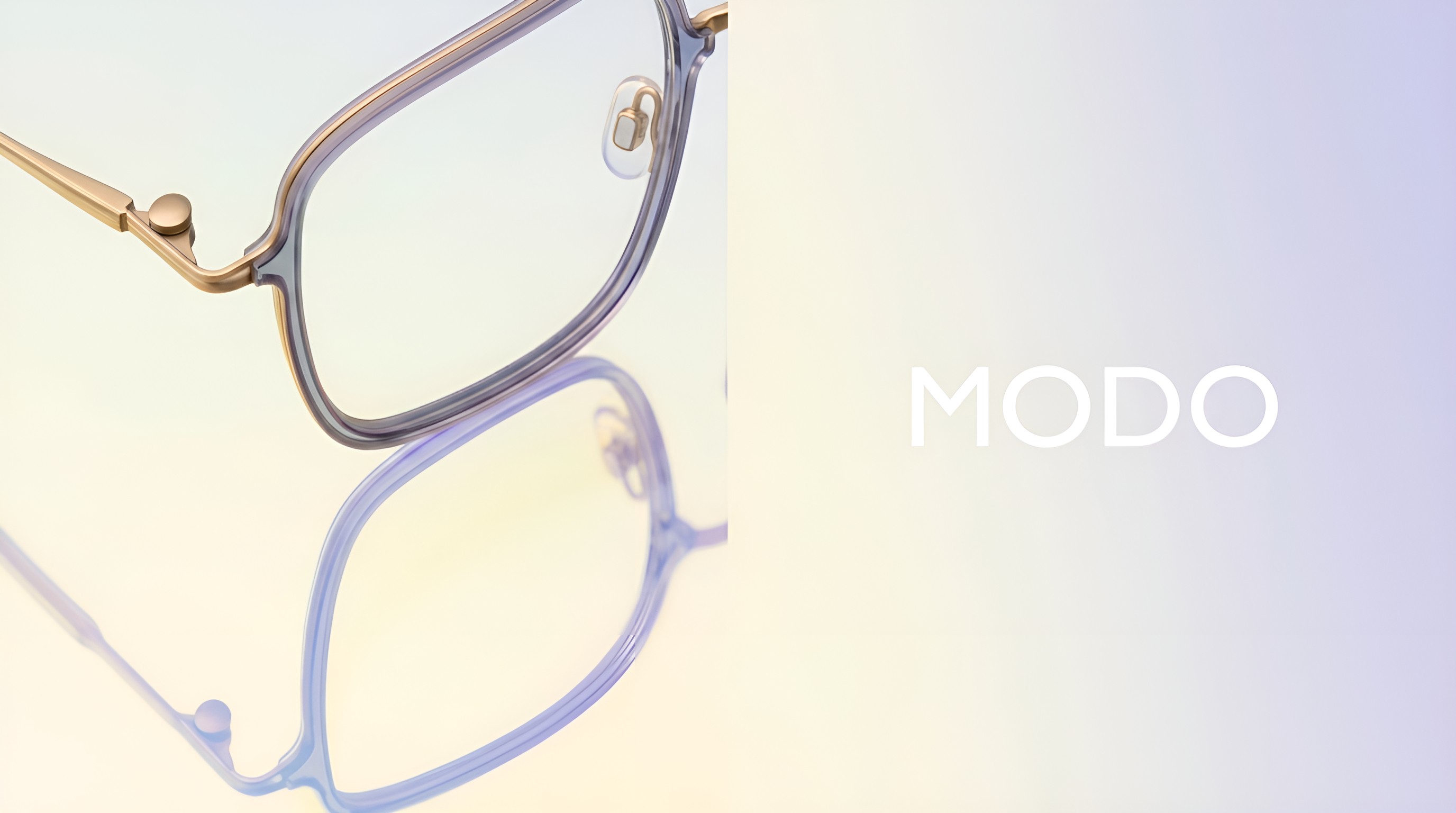 MODO lightweight square optical frame with lavender rims and gold metal temples, shown with a reflected view.