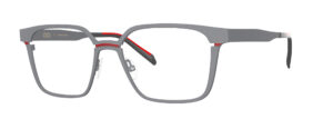 OGI square metal glasses in matte grey finish with red temple detailing.