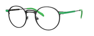 OGI round metal glasses in black finish with bright neon green temple accents.