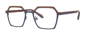 OGI geometric hexagon metal glasses in matte purple and brown dual-tone finish.