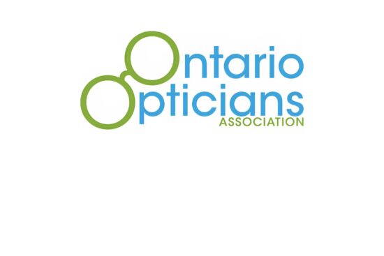 Logo officiel de l'Association des opticiens de l'Ontario avec icône de lunettes vertes et texte bleu