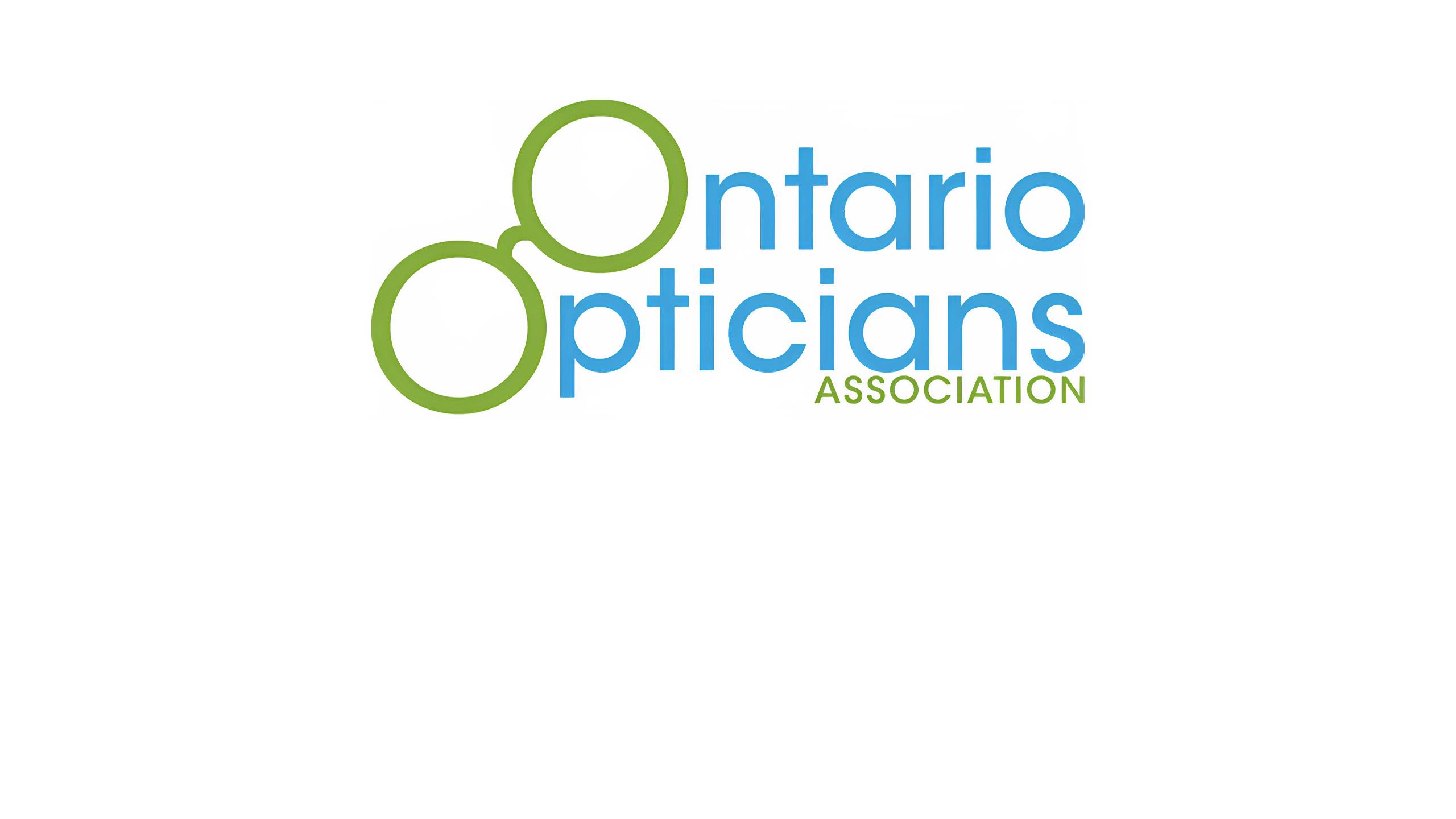 Logo officiel de l'Association des opticiens de l'Ontario avec icône de lunettes vertes et texte bleu