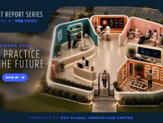 Graphique du rapport Pratique du futur de VSP Vision montrant le plan en coupe d'une clinique d'optométrie innovante avec salles d'examen haute technologie et espace de vente.