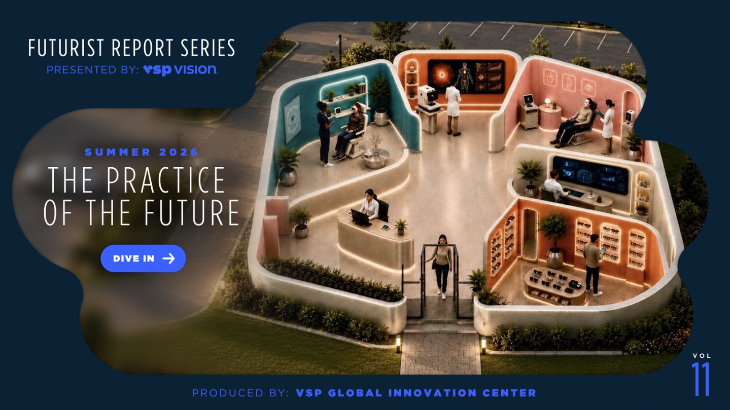 Graphique du rapport Pratique du futur de VSP Vision montrant le plan en coupe d'une clinique d'optométrie innovante avec salles d'examen haute technologie et espace de vente.