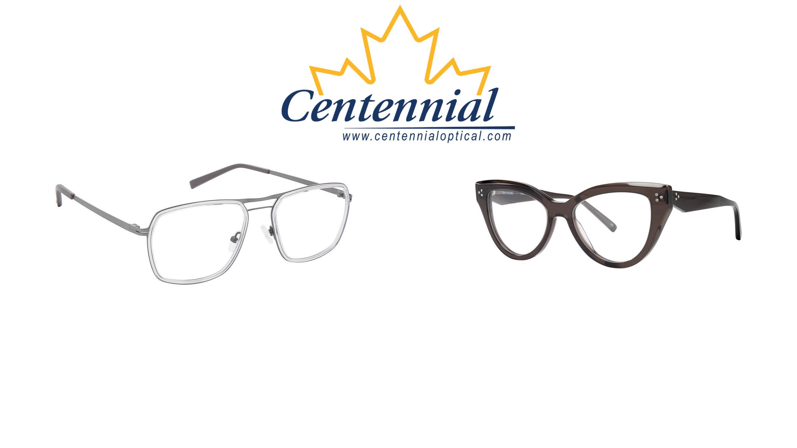 Centennial Optical August 2026 featured frame release banner with Two Blind Brothers aviator and Vera Wang cat-eye eyeglasses
