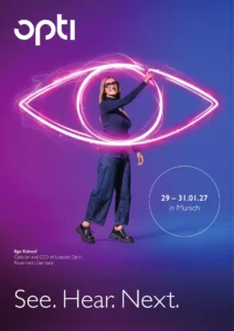Woman wearing black stylish eyeglasses inside a glowing light neon eye graphic with opti logo on a purple background