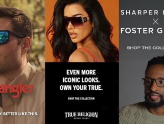 A multi-brand eyewear advertisement featuring distinct sections for Wrangler, True Religion, and Sharper Image x Foster Grant, showcasing various styles including performance sunglasses, large shield sunglasses, and clear reading glasses.