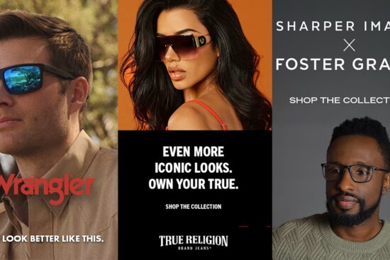 A multi-brand eyewear advertisement featuring distinct sections for Wrangler, True Religion, and Sharper Image x Foster Grant, showcasing various styles including performance sunglasses, large shield sunglasses, and clear reading glasses.