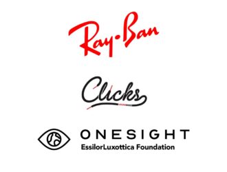 Ray-Ban, Clicks (@ClicksKicks), and OneSight EssilorLuxottica Foundation logos displayed together, representing an eyewear brand partnership and vision charity collaboration.
