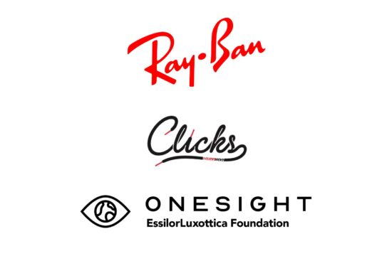Ray-Ban, Clicks (@ClicksKicks), and OneSight EssilorLuxottica Foundation logos displayed together, representing an eyewear brand partnership and vision charity collaboration.