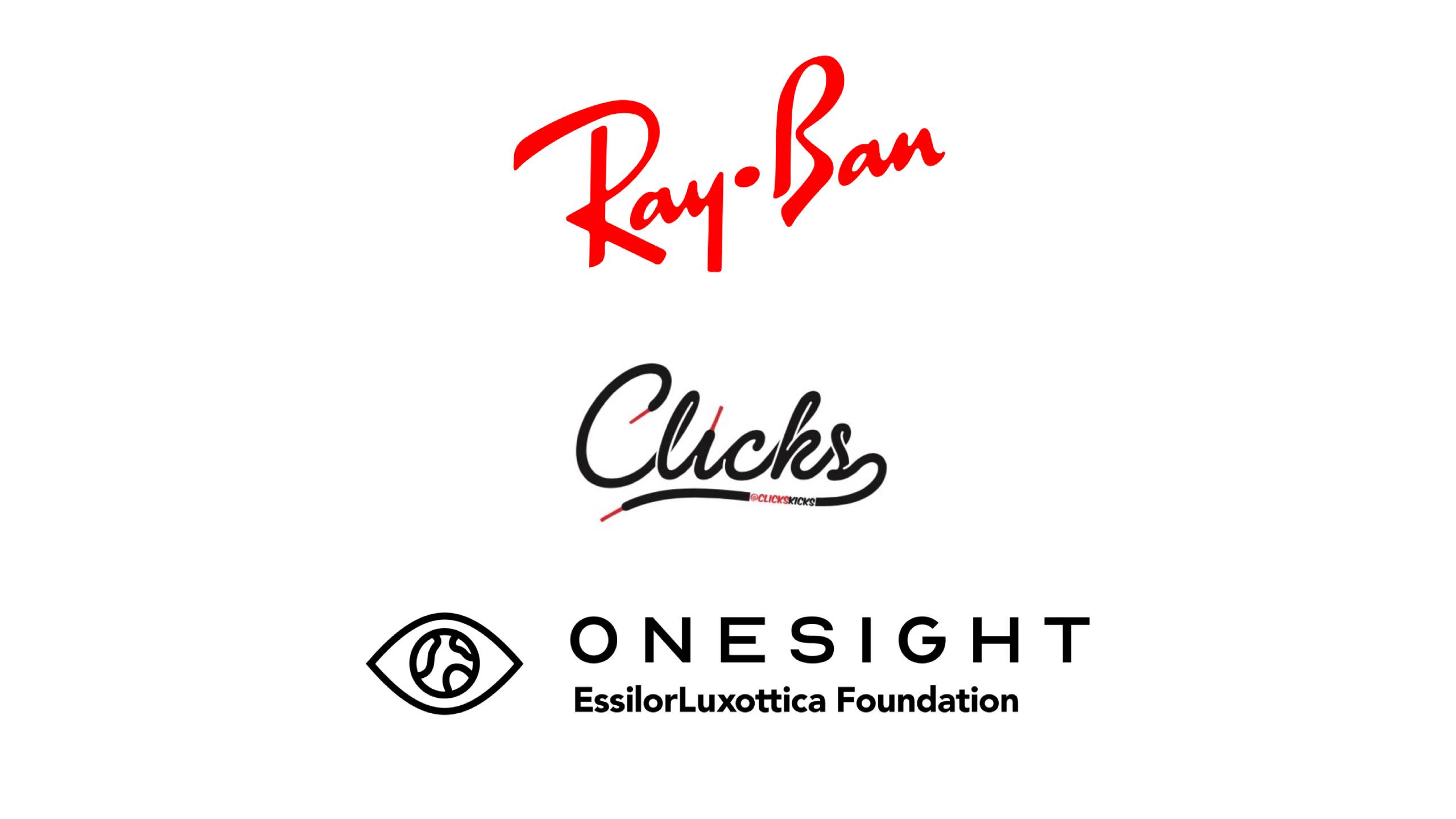 Ray-Ban, Clicks (@ClicksKicks), and OneSight EssilorLuxottica Foundation logos displayed together, representing an eyewear brand partnership and vision charity collaboration.