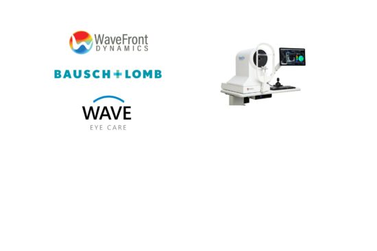 Analyseur de vision WaveDȳn de WaveFront Dynamics avec les logos de Bausch + Lomb et WAVE Eye Care