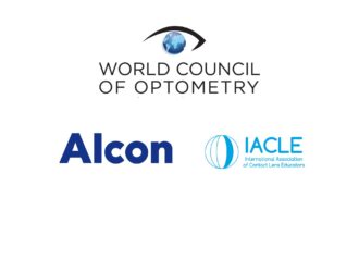 Logos du Conseil Mondial d'Optométrie, d'Alcon et de l'IACLE pour le partenariat sur la sécheresse oculaire.
