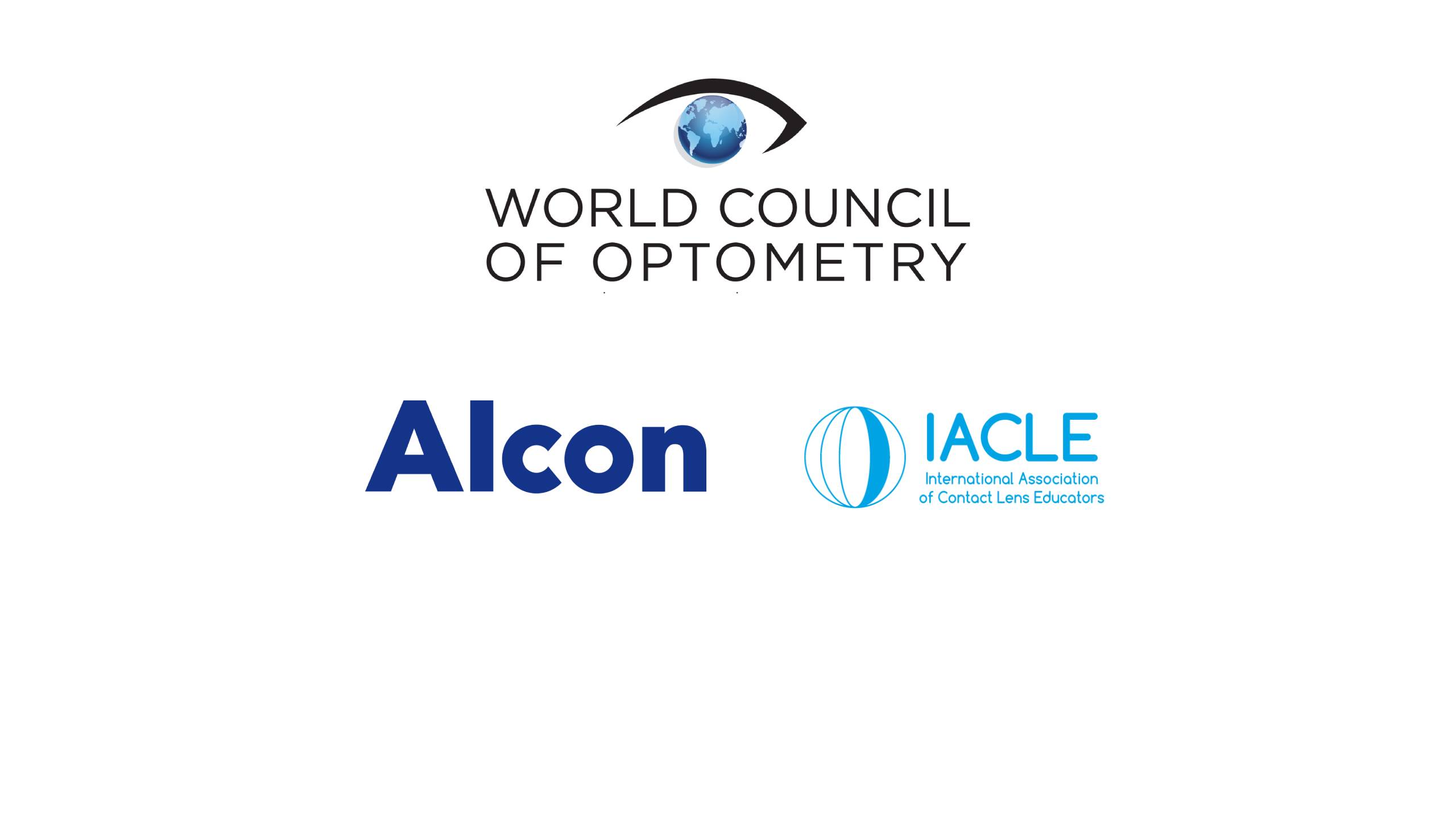 Logos of the World Council of Optometry, Alcon, and IACLE for dry eye education partnership.