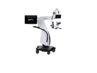 The Alcon UNITY M ophthalmic surgical microscope system, featuring a white mobile wheeled floor stand, an articulated boom arm, dual digital display screens showing the "UNITY M" logo, and a binocular optical head.