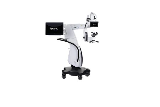 The Alcon UNITY M ophthalmic surgical microscope system, featuring a white mobile wheeled floor stand, an articulated boom arm, dual digital display screens showing the "UNITY M" logo, and a binocular optical head.