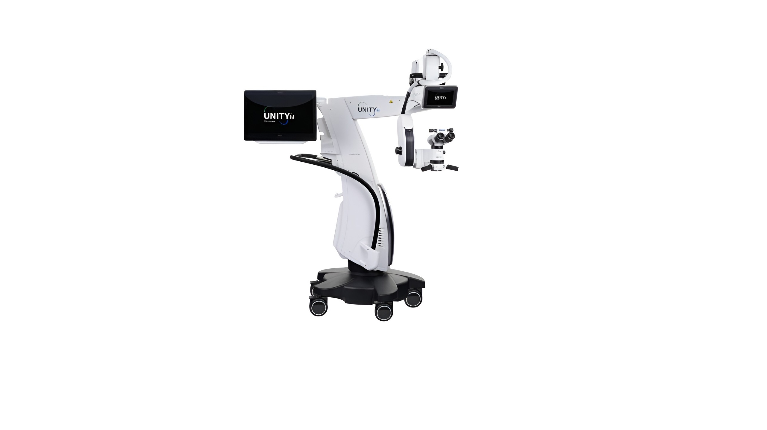 The Alcon UNITY M ophthalmic surgical microscope system, featuring a white mobile wheeled floor stand, an articulated boom arm, dual digital display screens showing the "UNITY M" logo, and a binocular optical head.