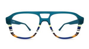Front view of Ultra Limited ASOLO double-bridge aviator-style eyeglasses featuring a solid teal upper section and a lower rim made of multi-colored horizontal acetate stripes in blue, white, black, and orange.
