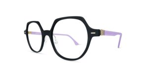 Lunettes de vue pour femme Spectaful AURA LIGHT Aveline C1, forme rectangulaire adoucie avec face en polymère noir mat et branches en acétate violet clair.