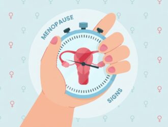 Illustration d'une main tenant un chronomètre bleu sur un fond bleu clair orné de symboles du genre féminin. À l'intérieur du chronomètre se trouve un utérus rouge avec des aiguilles d'horloge pointant vers lui, entouré des mots « MENOPAUSE » et « SIGNS ».