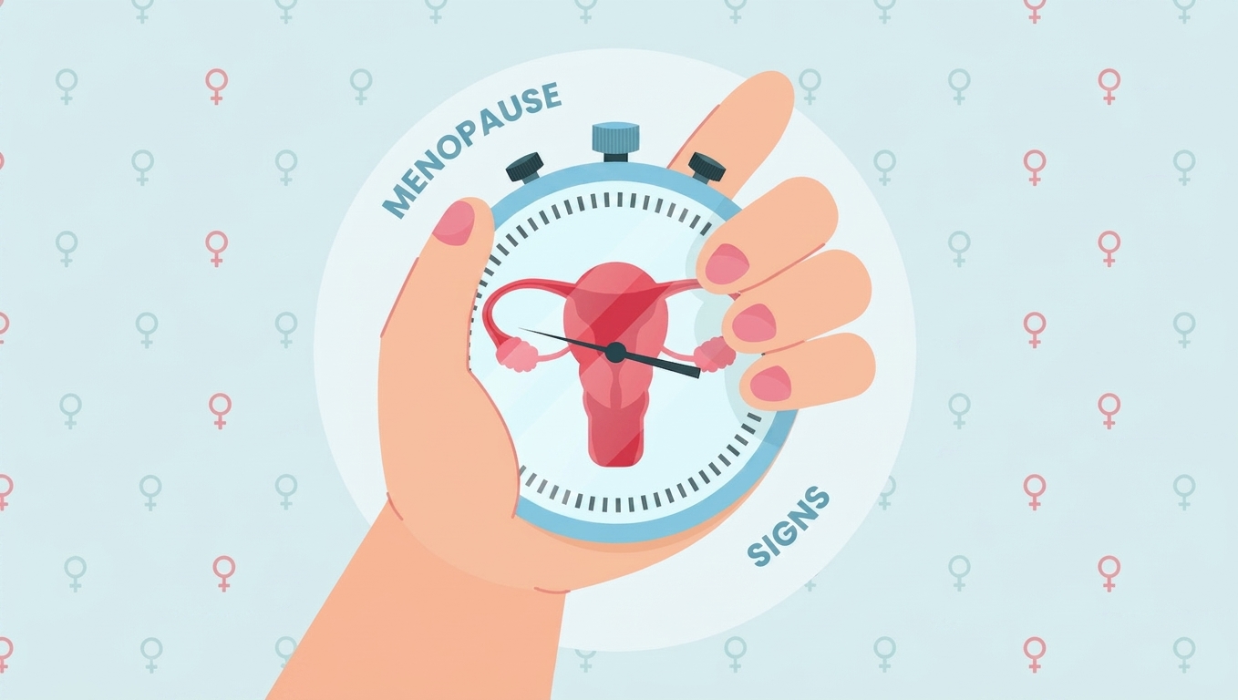 Illustration of a hand holding a blue stopwatch against a light blue background patterned with female gender symbols. Inside the stopwatch, a red uterus is displayed with clock hands pointing to it, flanked by the words "MENOPAUSE" and "SIGNS."