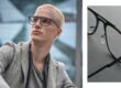 A blond man wearing black Blackfin FW26 Urban Sync rectangular titanium prescription glasses in Berlin, alongside a close-up of the frames.