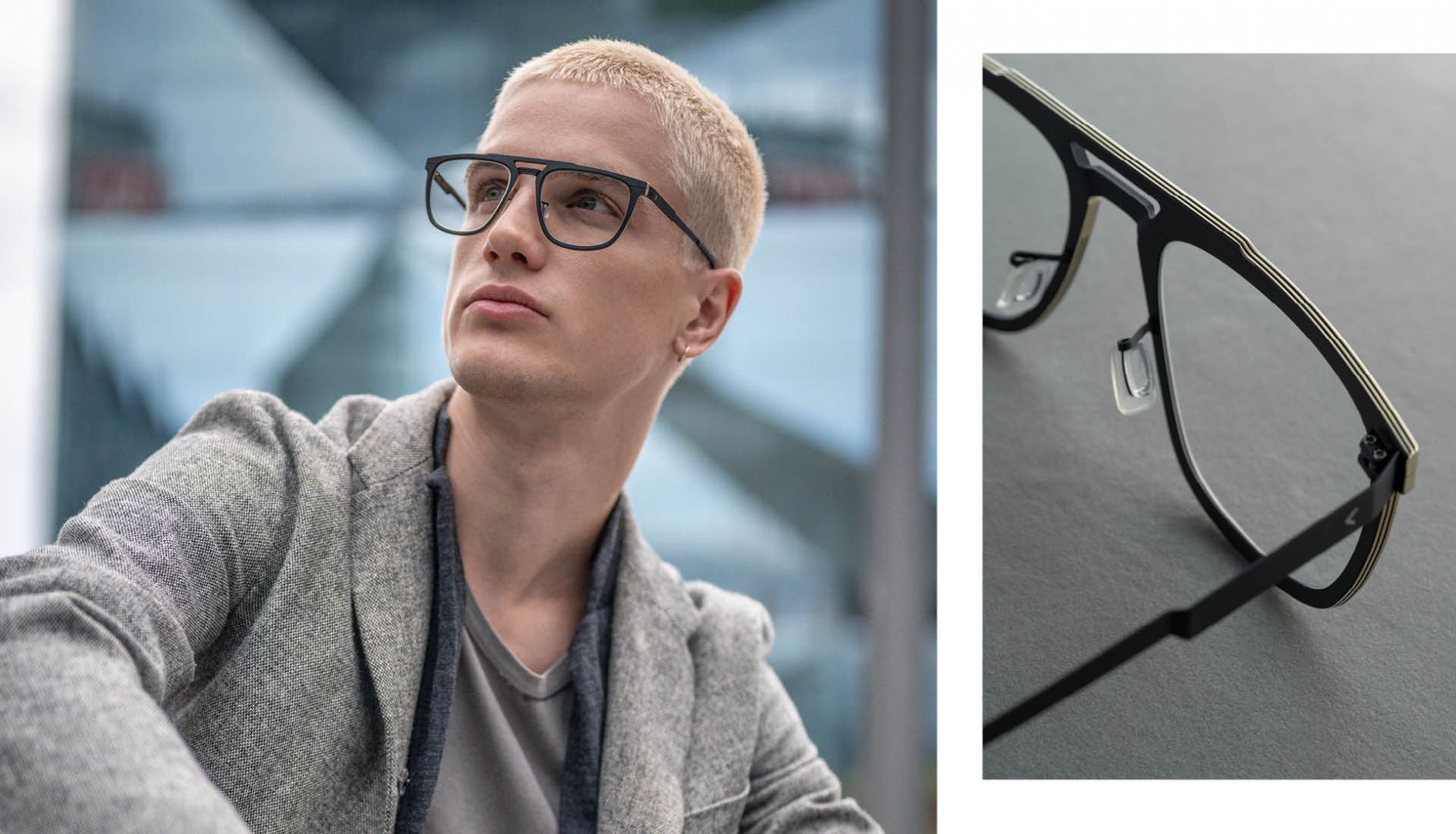 A blond man wearing black Blackfin FW26 Urban Sync rectangular titanium prescription glasses in Berlin, alongside a close-up of the frames.