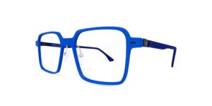 Spectaful AURA LIGHT Cipher C4 men's broad squared eyeglasses with vibrant cobalt blue polymer front and dark blue acetate temples.