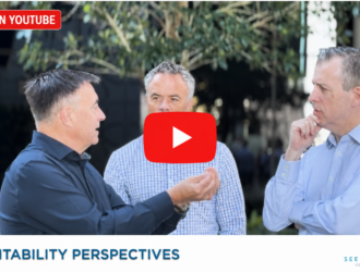 Three men in collared shirts conversing outdoors, with a red YouTube play button overlay in the center. A red "WATCH ON YOUTUBE" badge appears at the top left, with "PROFITABILITY PERSPECTIVES" and the Contact Lens Institute "SEE TOMORROW" logo across the bottom.