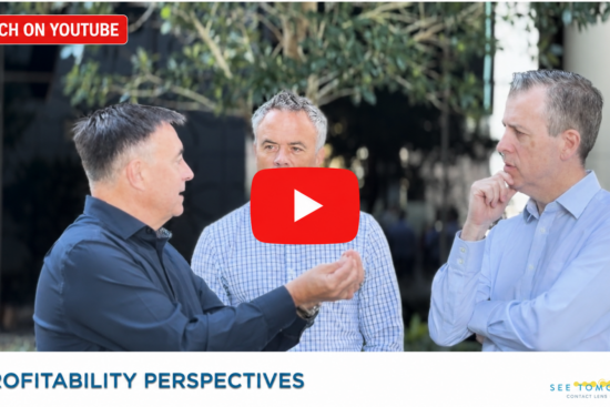 Three men in collared shirts conversing outdoors, with a red YouTube play button overlay in the center. A red "WATCH ON YOUTUBE" badge appears at the top left, with "PROFITABILITY PERSPECTIVES" and the Contact Lens Institute "SEE TOMORROW" logo across the bottom.