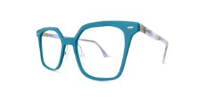 Lunettes de vue Spectaful AURA LIGHT Clona C3, silhouette papillon avec face en polymère bleu turquoise et branches en acétate violet motif marbré.